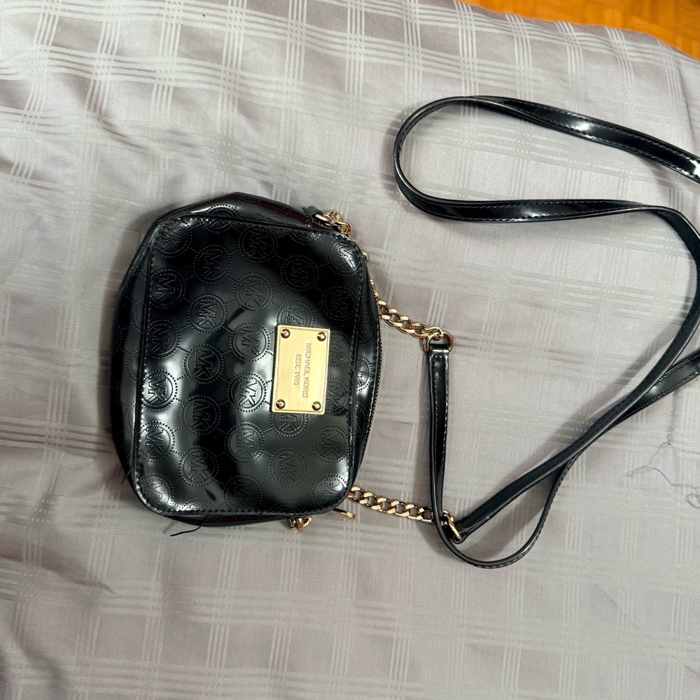 Michael Kors Black Patent Crossbody with Gold Plate Accent